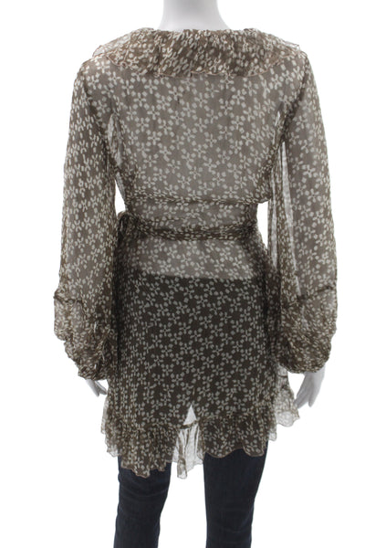 Cloe Cassandro Womens Brown Silk Floral VNeck Mini Blouse Tie Longsleeve Size OS