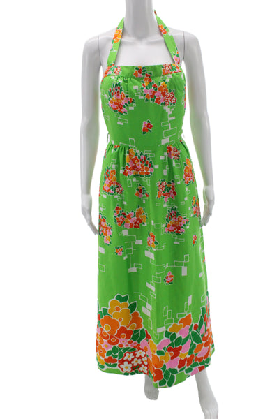 Designer Womens Halter Dress Green Floral Cotton Sleeveless Long Size M