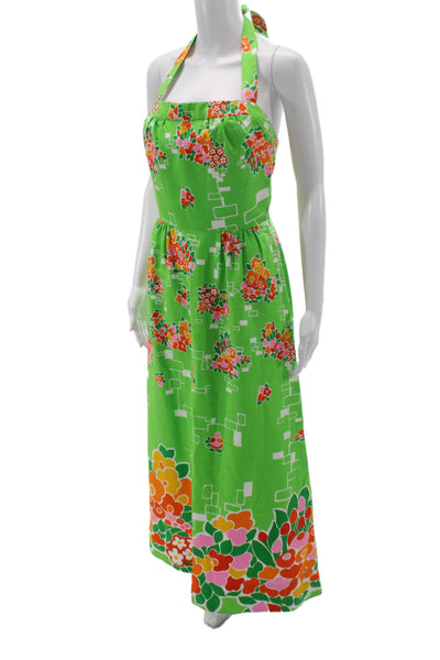 Designer Womens Halter Dress Green Floral Cotton Sleeveless Long Size M