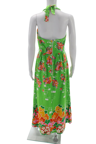 Designer Womens Halter Dress Green Floral Cotton Sleeveless Long Size M