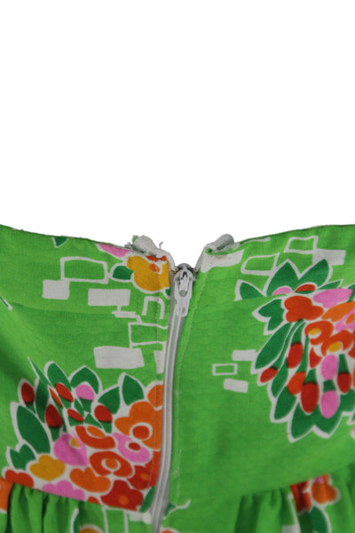 Designer Womens Halter Dress Green Floral Cotton Sleeveless Long Size M