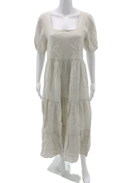 Designer Womens Beige Linen Maxi Dress Square Neck Short Sleeve Size S
