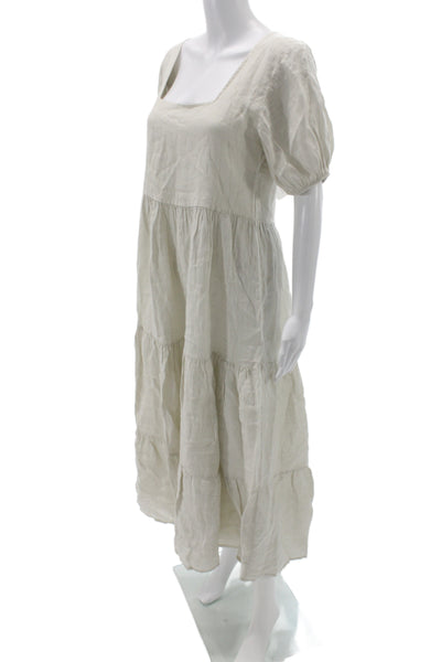 Designer Womens Beige Linen Maxi Dress Square Neck Short Sleeve Size S