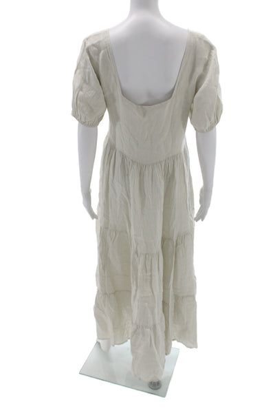 Designer Womens Beige Linen Maxi Dress Square Neck Short Sleeve Size S
