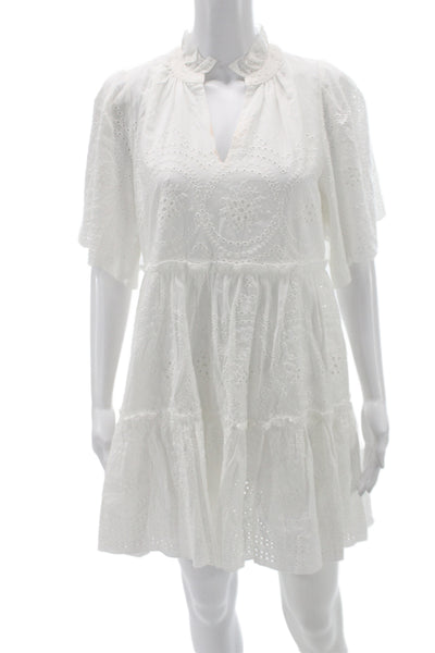 Trina Turk Womens Mini Dress White V-Neck Cotton Short Sleeve Size S