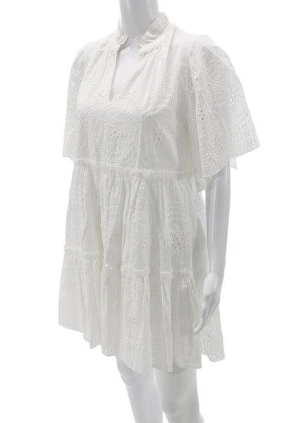 Trina Turk Womens Mini Dress White V-Neck Cotton Short Sleeve Size S