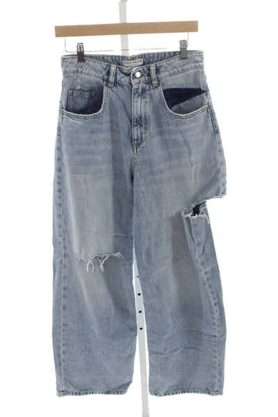 Icon Denim Women Wide-Leg Jeans Blue Distressed Cotton Mid Rise 28in Size 27