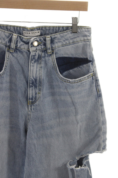 Icon Denim Women Wide-Leg Jeans Blue Distressed Cotton Mid Rise 28in Size 27