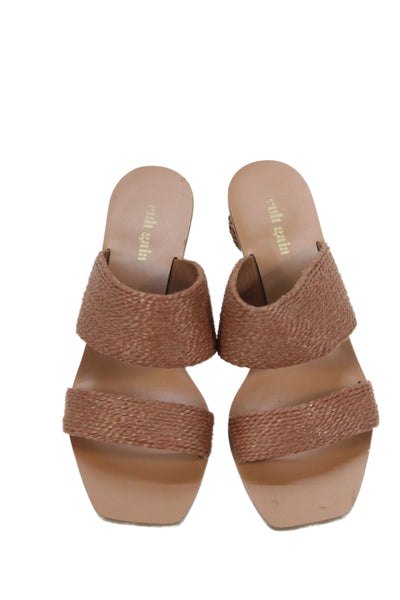 Cult Gaia Women's Square Toe Raffia Straps Mules Sandals Brown Size 37