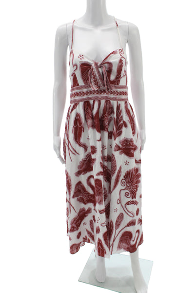 Designer Womens Maxi Dress Red Square Neck Sleeveless Tie Waist Cotton Size M