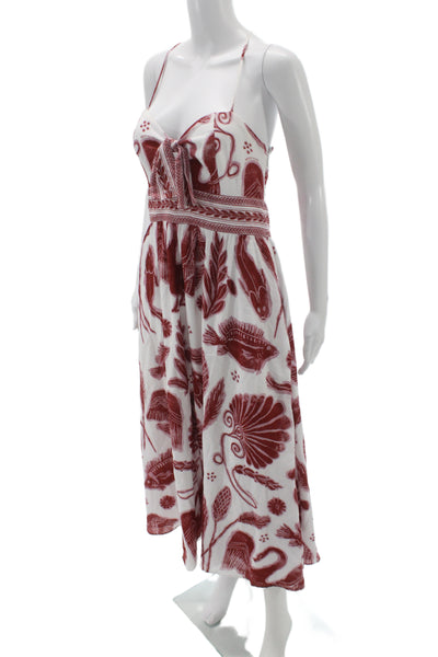 Designer Womens Maxi Dress Red Square Neck Sleeveless Tie Waist Cotton Size M
