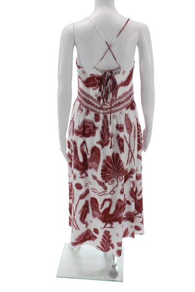 Designer Womens Maxi Dress Red Square Neck Sleeveless Tie Waist Cotton Size M