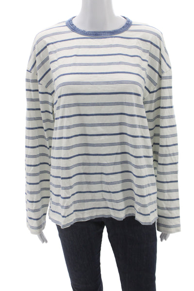 Faherty Women Jersey T-Shirt Blue Striped Organic Cotton Long Sleeve Size L