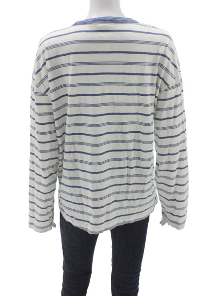Faherty Women Jersey T-Shirt Blue Striped Organic Cotton Long Sleeve Size L
