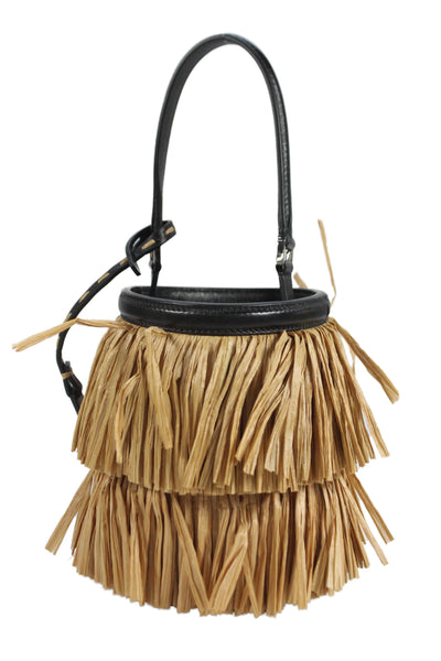 Michael Kors Collection Womens Leather Straw Satchel Shoulder Handbag Black