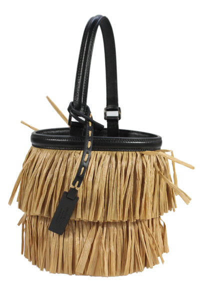 Michael Kors Collection Womens Leather Straw Satchel Shoulder Handbag Black