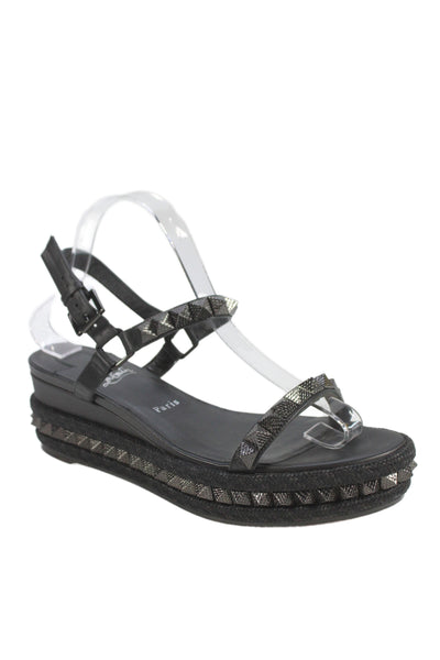 Christian Louboutin Womens Leather Studded Slingbacks Wedges Black Size 40 10
