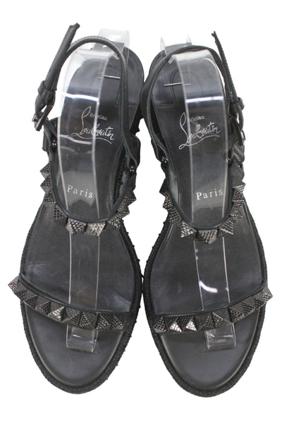 Christian Louboutin Womens Leather Studded Slingbacks Wedges Black Size 40 10