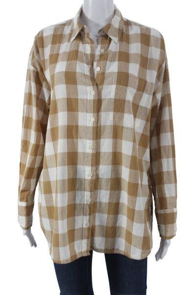 Maeve Anthropologie Women Beige Cotton Check Button-Up Long Sleeve Top Size XS