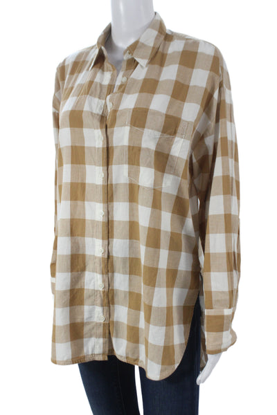 Maeve Anthropologie Women Beige Cotton Check Button-Up Long Sleeve Top Size XS