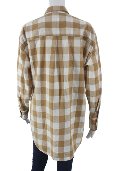 Maeve Anthropologie Women Beige Cotton Check Button-Up Long Sleeve Top Size XS