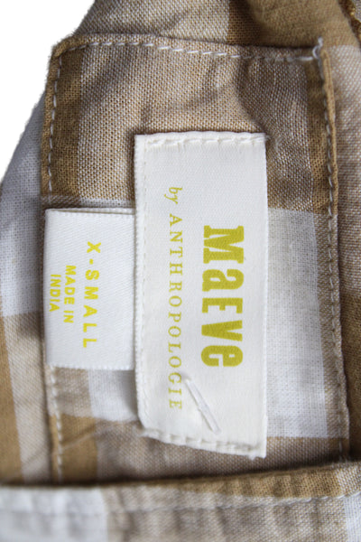 Maeve Anthropologie Women Beige Cotton Check Button-Up Long Sleeve Top Size XS
