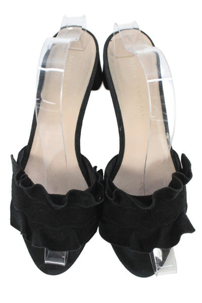 Loeffler Randall Womens Suede Ruffle Detail Open Toe Heels Shoes Black Size 8B