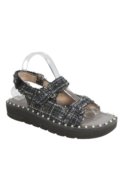 Stuart Weitzman Womens Tweed Embellished Plaid Platform Shoes Navy Size 7.5B