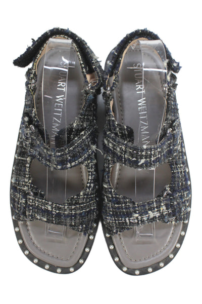 Stuart Weitzman Womens Tweed Embellished Plaid Platform Shoes Navy Size 7.5B