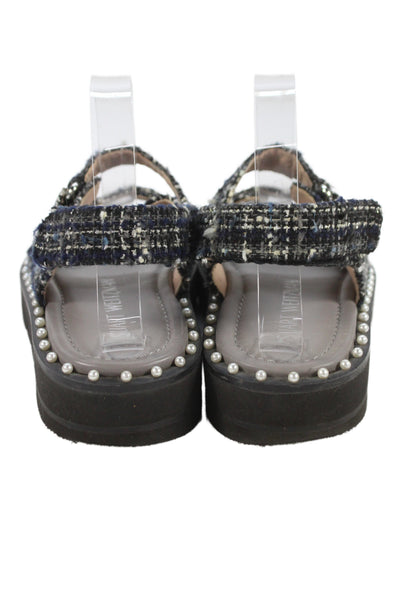 Stuart Weitzman Womens Tweed Embellished Plaid Platform Shoes Navy Size 7.5B