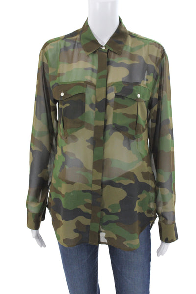 Banana Republic Women Collared Green Camouflage Blouse Long Sleeve Size S
