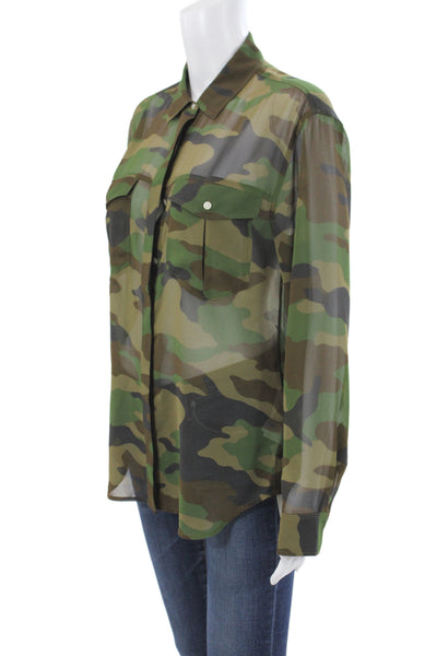 Banana Republic Women Collared Green Camouflage Blouse Long Sleeve Size S