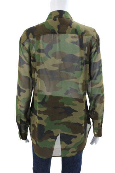 Banana Republic Women Collared Green Camouflage Blouse Long Sleeve Size S