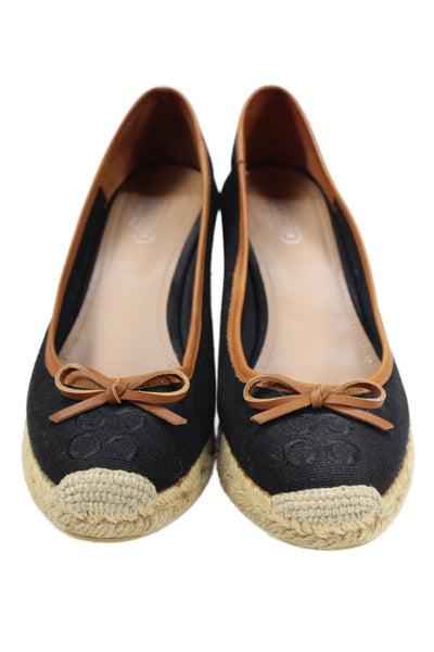 Coach Womens Leather Trim Espadrille Wedge Pumps Black Brown Size 8