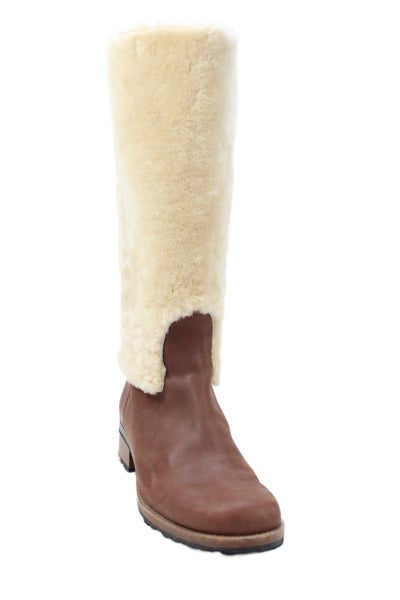 Ugg Womens Leather Chrystie Shearling Lined Mid Calf Boots White Brown Size 7