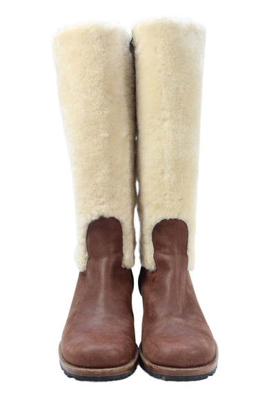 Ugg Womens Leather Chrystie Shearling Lined Mid Calf Boots White Brown Size 7