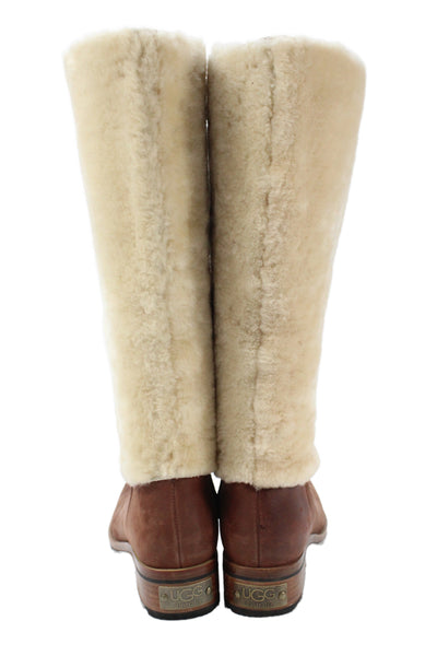 Ugg Womens Leather Chrystie Shearling Lined Mid Calf Boots White Brown Size 7