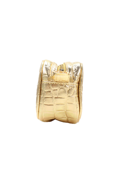 Tory Burch Womens Embossed Leather Zipper Cosmetic Handbag Gold