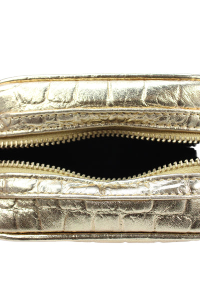 Tory Burch Womens Embossed Leather Zipper Cosmetic Handbag Gold