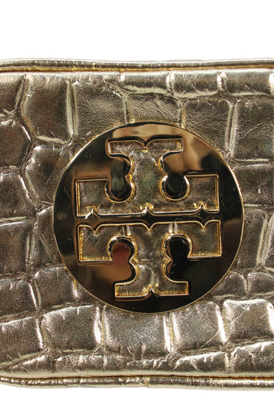 Tory Burch Womens Embossed Leather Zipper Cosmetic Handbag Gold
