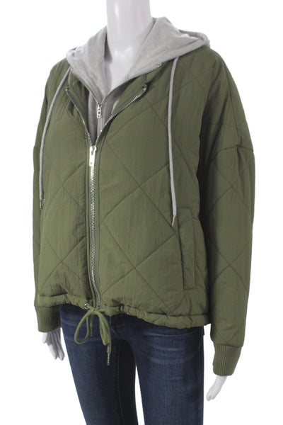 Edit by Nine Womens Quilted Nylon Argyle Jacket Zip Long Sleeve Green Size S