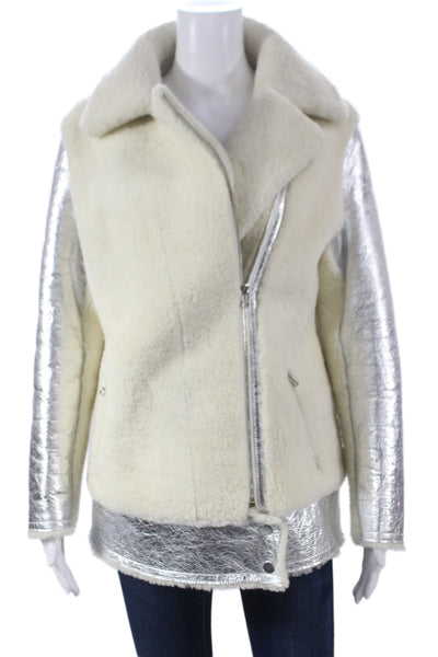 Linda Richards Womens Biker Leather Jacket Silver Zip Long Sleeve Size XS