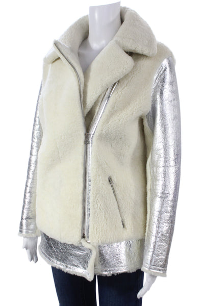 Linda Richards Womens Biker Leather Jacket Silver Zip Long Sleeve Size XS