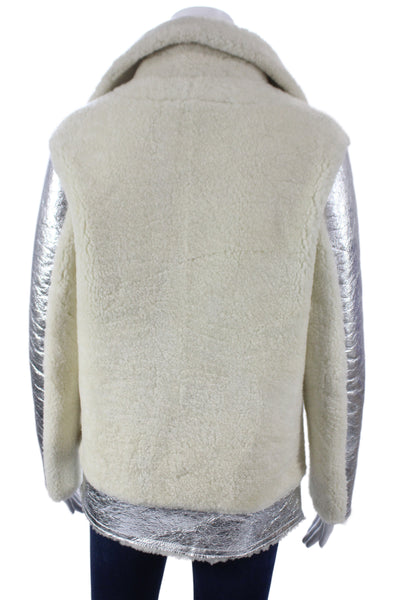 Linda Richards Womens Biker Leather Jacket Silver Zip Long Sleeve Size XS