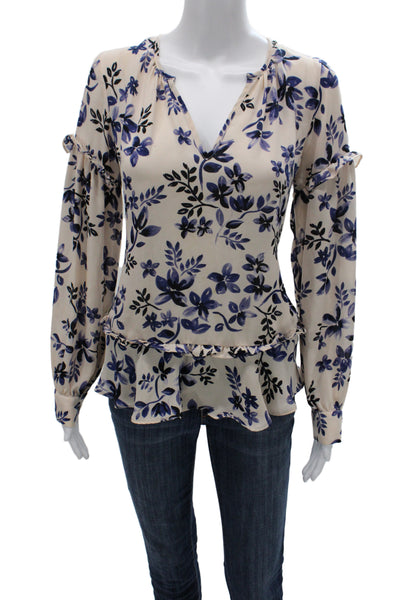 Parker Women Floral V-Neck Tunic Blouse Beige Long Sleeve Button Cuff Size M