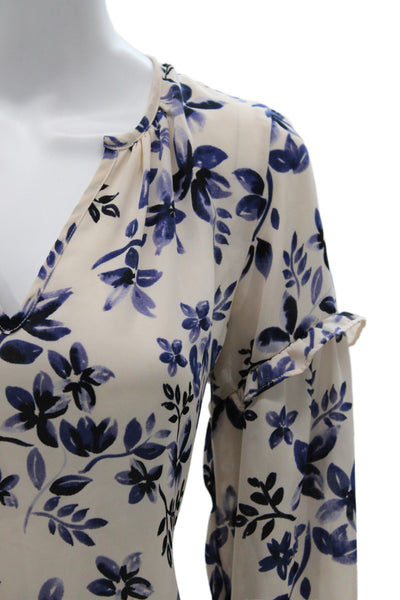 Parker Women Floral V-Neck Tunic Blouse Beige Long Sleeve Button Cuff Size M