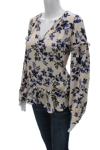 Parker Women Floral V-Neck Tunic Blouse Beige Long Sleeve Button Cuff Size M