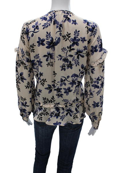 Parker Women Floral V-Neck Tunic Blouse Beige Long Sleeve Button Cuff Size M