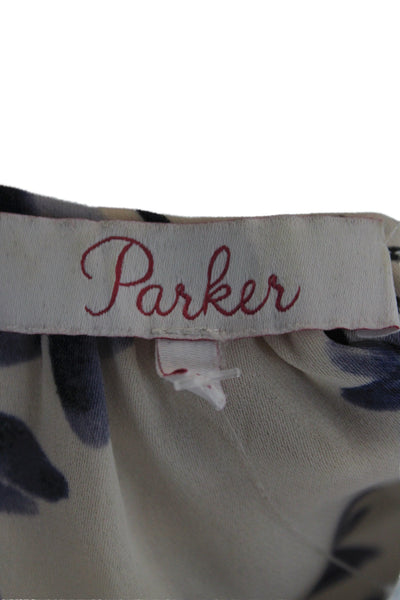 Parker Women Floral V-Neck Tunic Blouse Beige Long Sleeve Button Cuff Size M
