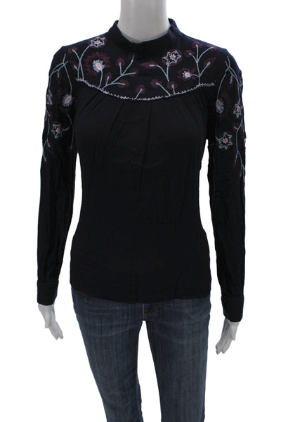 Parker Womens Bohemian Floral High Neck Long Sleeve Tunic Blouse Black Size S